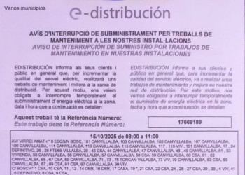 Dimecres 15 d'octubre de 8.00 h a 11.00 h, tall de llum a Can Vilalba