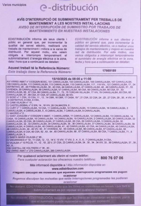 Dimecres 15 d'octubre de 8.00 h a 11.00 h, tall de llum a Can Vilalba