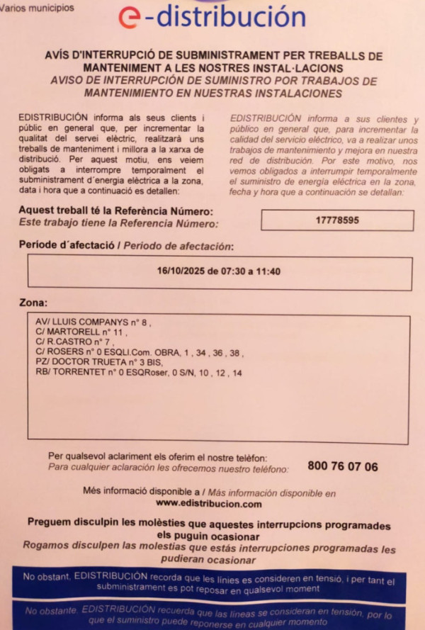 Dijous 16 d'octubre de 7.30 h a 11.40 h, tall de llum al nucli urbà