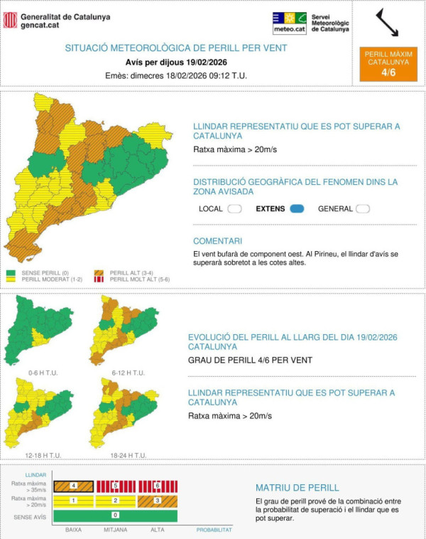Avís fort vent. Dijous 19 de febrer de 2026