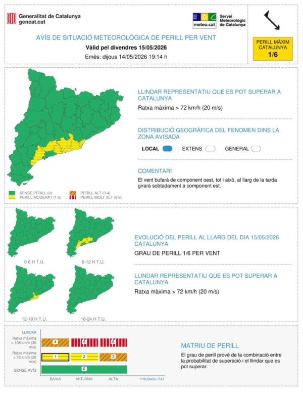 Avís per fort vent per divendres 15 de maig de 2026