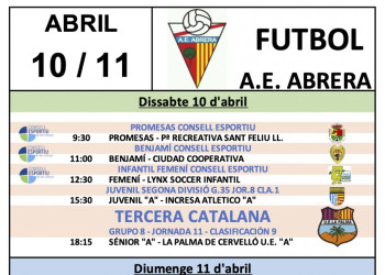 Calendari partits a casa AE Abrera cap de setmana del dissabte 10 i diumenge 11 d'abril de 2021