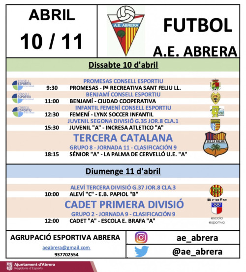 Calendari partits a casa AE Abrera cap de setmana del dissabte 10 i diumenge 11 d'abril de 2021.png