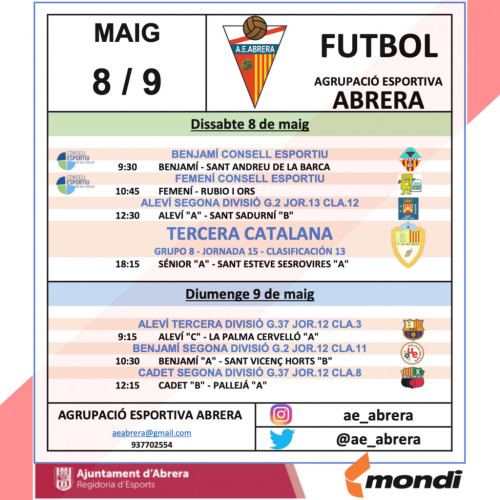 Calendari partits a casa Agrupació Esportiva Abrera del cap de setmana del 8 i 9 de maig de 2021.png