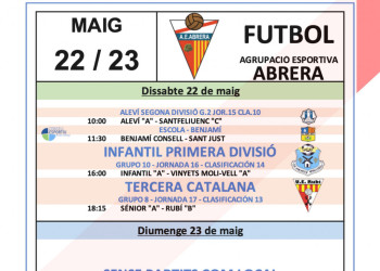 Calendari partits AE Abrera a casa cap de setmana 22 i 23 maig 2021.
