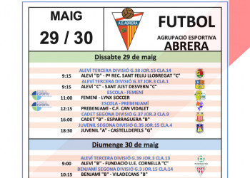 Calendari partits AE Abrera a casa del cap de setmana del 29 i 30 de maig de 2021
