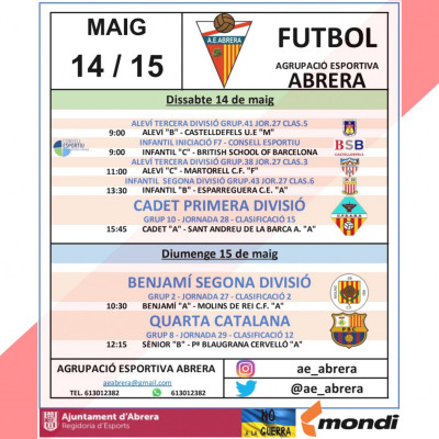 Calendari partits Agrupació Esportiva Abrera cap de setmana 14 i 15 de maig - A casa.jpg