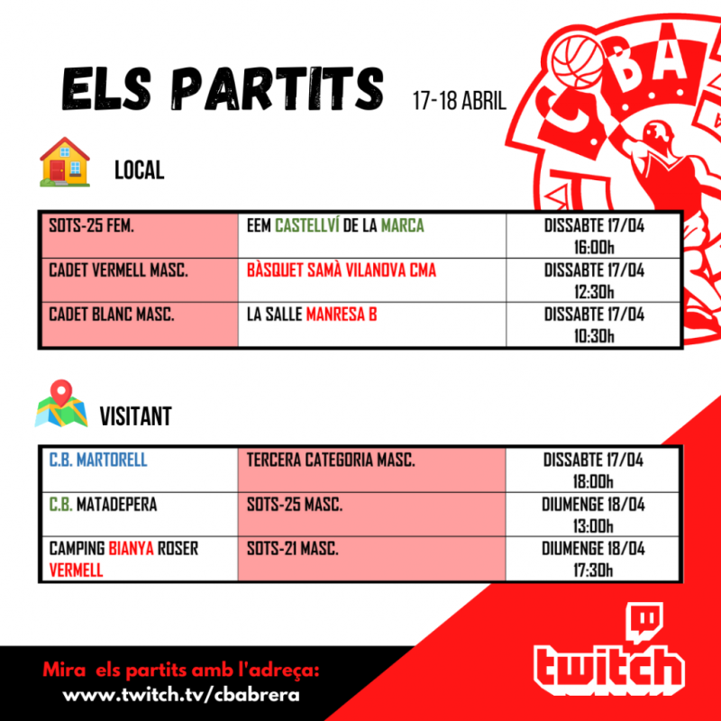 Calendari partits del Club Bàsquet Abrera del cap de setmana del dissabte 17 i diumenge 18 d'abril de 2021.png