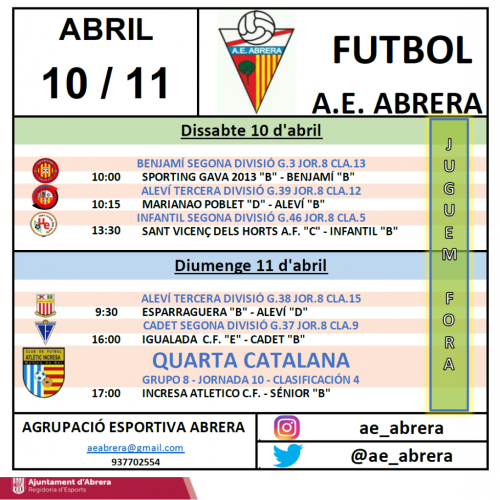 Calendari partits fora AE Abrera cap de setmana del dissabte 10 i diumenge 11 d'abril de 2021.png