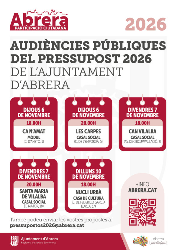 Del dijous 6 al dilluns 10 de novembre durem a terme les Audiències Públiques dels Pressupostos 2026 de l'Ajuntament d'Abrera