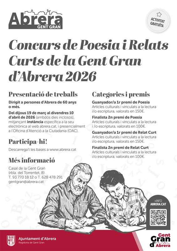 Convoquem l'edició de 2026 del Concurs de Poesia i Relats Curts per a la Gent Gran d’Abrera