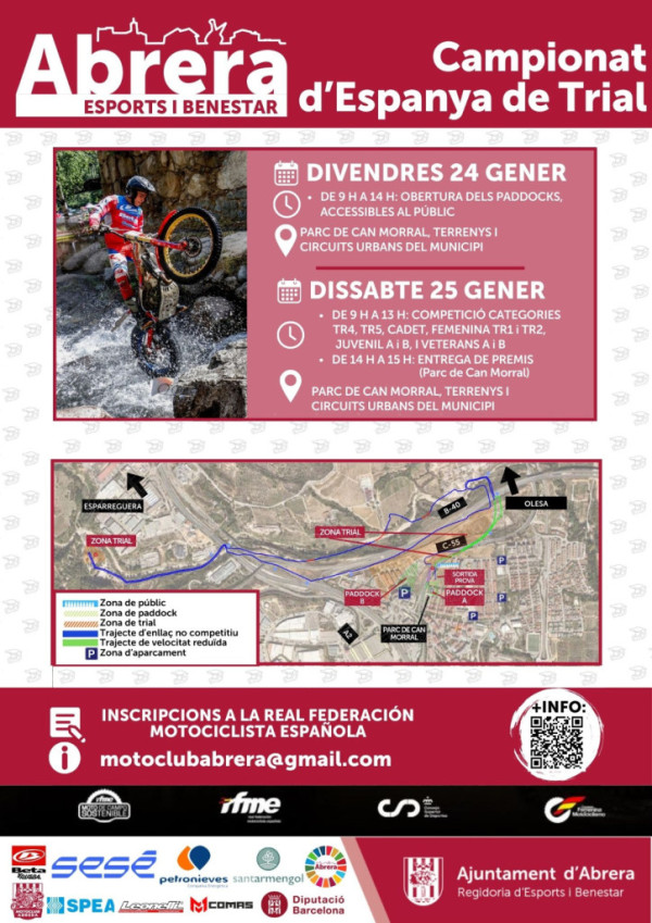 Abrera amb l'esport! El Campionat d'Espanya de Trial arriba aquest cap de setmana al nostre municipi, amb participants locals. No us ho perdeu! Divendres 24 de gener de 2025