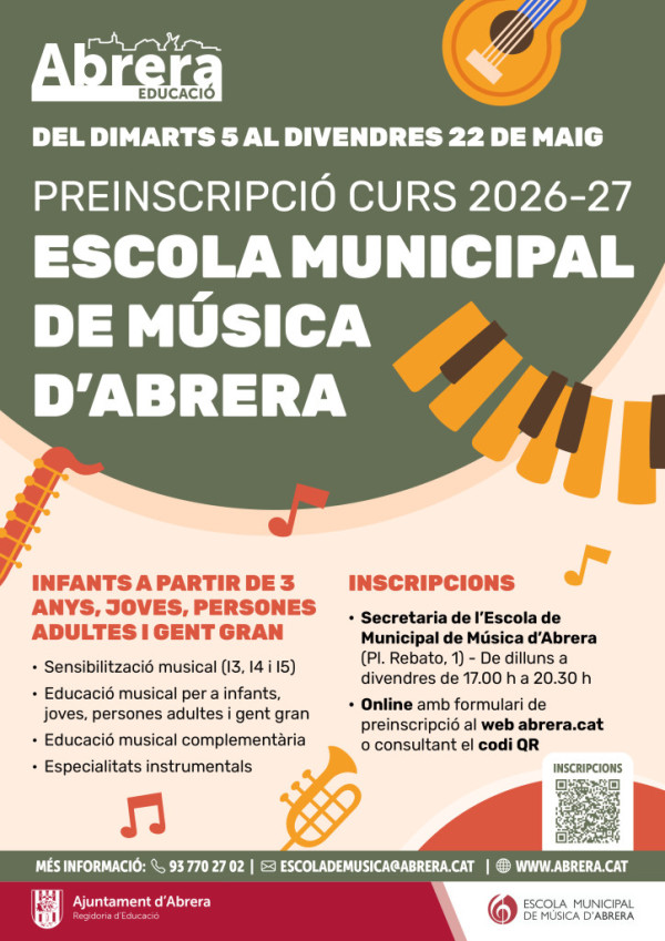 L'Escola Municipal de Música d’Abrera obrirà les preinscripcions pel curs 2026-2026 del dimarts 5 al divendres 22 de maig (ambdós inclosos)
