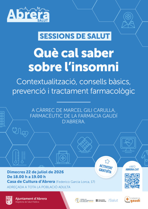El proper dimecres 22 de juliol tindrà lloc la xerrada 'Què cal saber sobre l'insomni' a càrrec de Marcel Gili, farmacèutic de la Farmàcia Gaudí d'Abrera