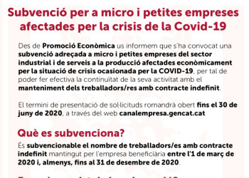 Informem d'una nova subvenció per a micro i petites empreses afectades econòmicament per la pandèmia de coronavirus