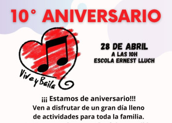 L’entitat Vive y Baila d'Abrera celebrarà el seu 10è aniversari amb una festa solidària, el proper diumenge 28 d'abril, a favor de l'entitat Llerre By Jordi