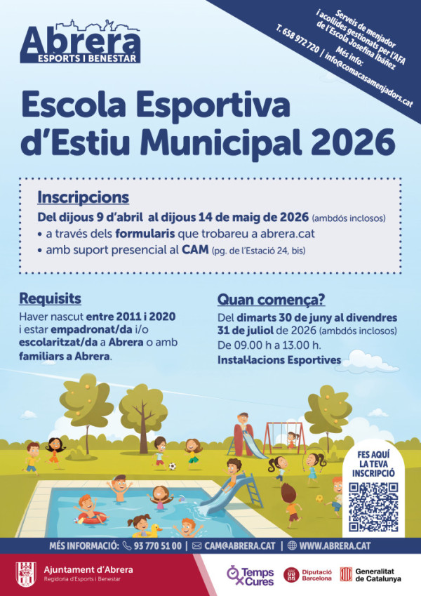 El proper dijous 9 d'abril s'obriran les inscripcions per al Casal Municipal d'Estiu i l'Escola Esportiva Municipal d'Estiu de 2026. Preneu nota!
