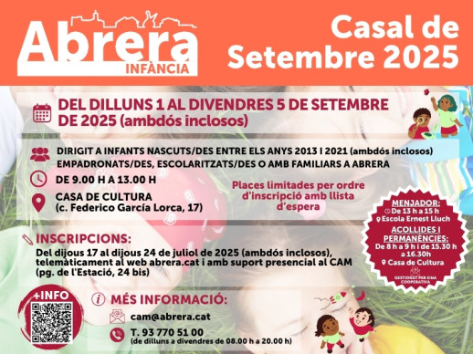 Els i les infants i joves d'Abrera podran gaudir del Casal de Setembre del dilluns 1 al divendres 5 de setembre a la Casa de Cultura
