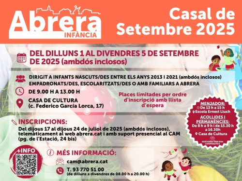 Els i les infants i joves d'Abrera podran gaudir del Casal de Setembre del dilluns 1 al divendres 5 de setembre a la Casa de Cultura