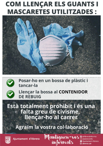 A Abrera, llencem els guants i mascaretes al contenidor de Rebuig!