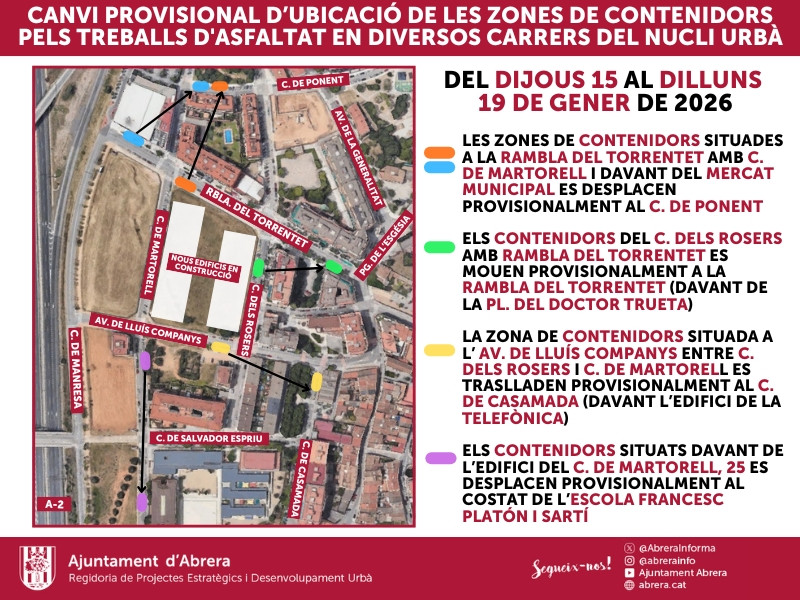 Del dimecres 14 al dilluns 19 de gener de 2026, es duran a terme treballs de millora i d'asfaltat en diversos trams de carrers del nucli urbà d'Abrera - canvis provisionals en les zones dels contenidors