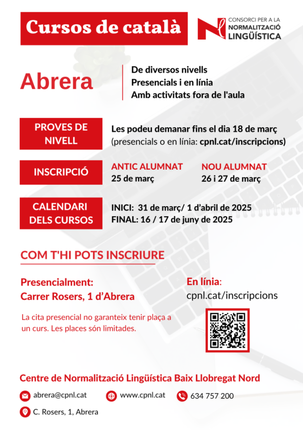 A Abrera apostem per la formació dels nostres veïns i veïnes! S’inicien les inscripcions per als cursos de català del tercer trimestre de l’Oficina de Català d’Abrera