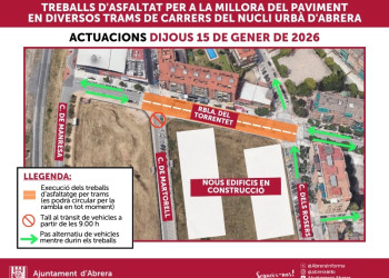 Del dimecres 14 al dilluns 19 de gener de 2026, es duran a terme treballs de millora i d'asfaltat en diversos trams de carrers del nucli urbà d'Abrera - dijous 15.01.26