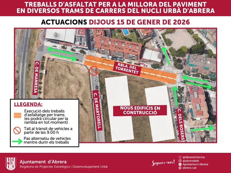 Del dimecres 14 al dilluns 19 de gener de 2026, es duran a terme treballs de millora i d'asfaltat en diversos trams de carrers del nucli urbà d'Abrera - dijous 15.01.26
