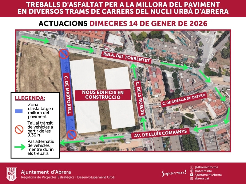 Del dimecres 14 al dilluns 19 de gener de 2026, es duran a terme treballs de millora i d'asfaltat en diversos trams de carrers del nucli urbà d'Abrera - dimecres 14.01.26