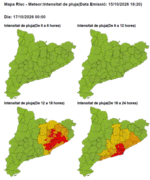 Previsió de pluges intenses. Dissabte 17 d'octubre de 2026