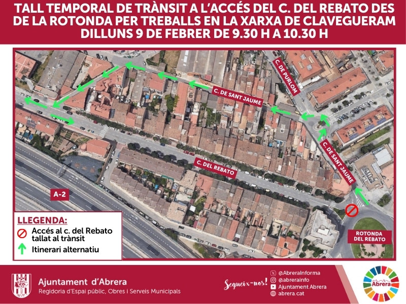 Tall temporal de trànsit a l'accés del c. del Rebato des de la rotonda per treballs en la xarxa de clavagueram
