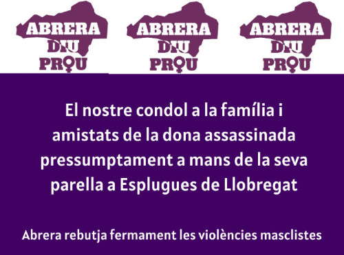 Condemnem fermament el feminicidi que va tenir lloc, ahir dissabte 30 de maig, a Esplugues de Llobregat i rebutjem fermament totes les formes i expressions de violència masclista