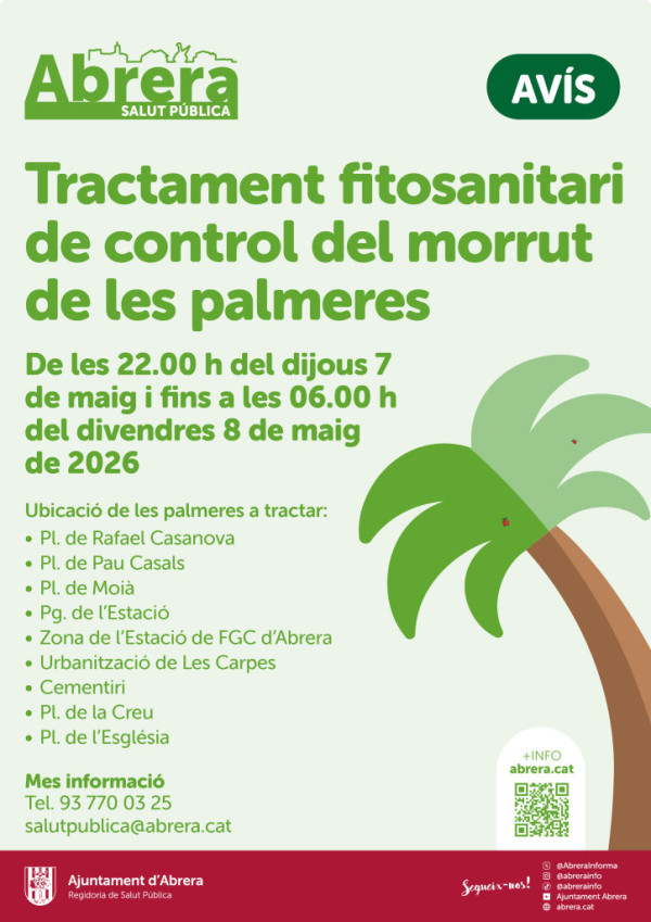Cuidem les palmeres del nostre municipi amb un nou tractament fitosanitari, que durem a terme de les 22.00 h del dijous 7 de maig i fins a les 06.00 h del divendres 8 de maig de 2026