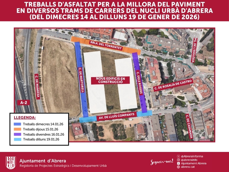 Del dimecres 14 al dilluns 19 de gener de 2026, es duran a terme treballs de millora i d'asfaltat en diversos trams de carrers del nucli urbà d'Abrera - plànol genèric