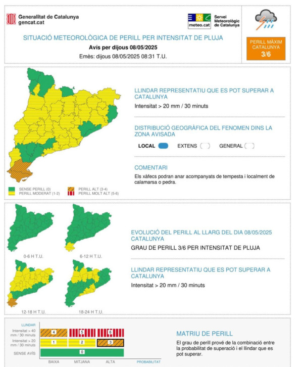 Avís de meteocat, pluges intenses pel dijous 8 de maig de 2025