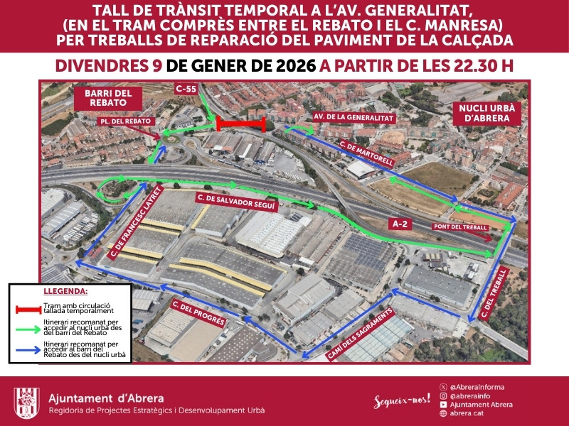 Treballs de reparació a l’Av. de la Generalitat d’Abrera, entre la rotonda del Rebato i el c. de Manresa, en horari nocturn per minimitzar l’afectació a la circulació