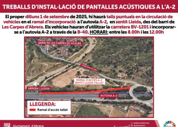 El dilluns 1 de setembre de 2025, hi haurà talls puntuals de circulació en el ramal d’incorporació a l’autovia A-2 en sentit Lleida, des del barri de Les Carpes d’Abrera, per treballs d'instal·lació de pantalles acústiques