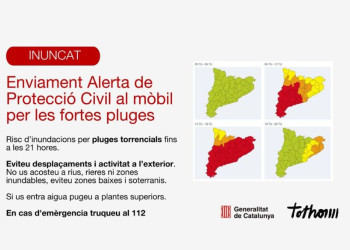 Protecció Civil enviar una alerta als mòbils de tot Catalunya davant la previsió de fortes pluges fins les 21 h d'avui dissabte 12 de juliol de 2025