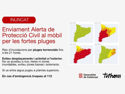 Protecció Civil enviar una alerta als mòbils de tot Catalunya davant la previsió de fortes pluges fins les 21 h d'avui dissabte 12 de juliol de 2025