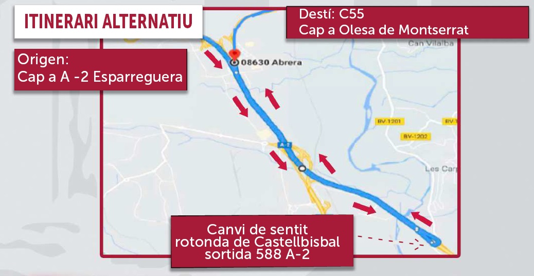 Itinerari alternatiu per a la circulació de vehicles pesants de més de 5,5 tones provinents de l'A-2 o B-40 des d'Esparreguera cap a la C-55 sentit Olesa de Montserrat