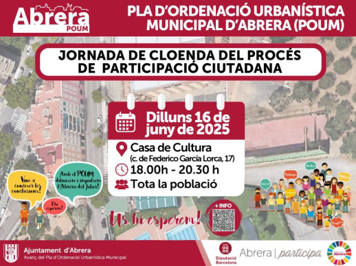 Dibuixem el futur d'Abrera! Dilluns 16 de juny de 2025, a les 18 h, la Casa de Cultura acollirà la jornada de cloenda del procés de participació del POUM