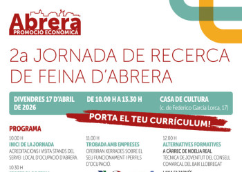 Abrera amb l'ocupació local i amb les empreses! La Casa de Cultura acollirà la 2a Jornada de Recerca de Feina el divendres 17 d’abril, amb xerrades, trobada d'empreses i lliurament de currículums