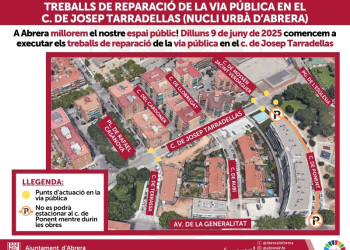 A Abrera millorem el nostre espai públic! Aquesta setmana estem executant els treballs de reparació de la via pública en el carrer de Josep Tarradellas del nucli urbà