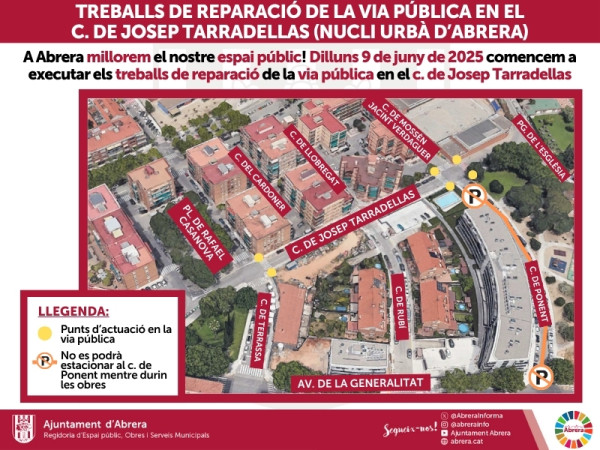 A Abrera millorem el nostre espai públic! Aquesta setmana estem executant els treballs de reparació de la via pública en el carrer de Josep Tarradellas del nucli urbà