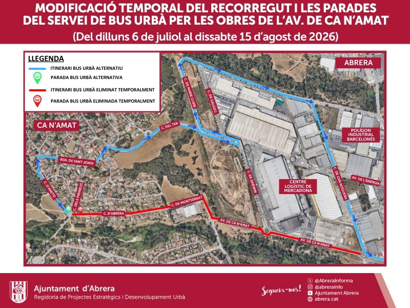 Modificació temporal del recorregut i les parades del servei de bus urbà per les obres de l’av. de Ca n’Amat
