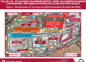 Tall al trànsit de l’Avinguda de Ca n’Amat, en sentit A-2, entre els carrers de Can Noguera i de Darwing, per l’execució de treballs d’estesa de la línia elèctrica de la planta de SEAT