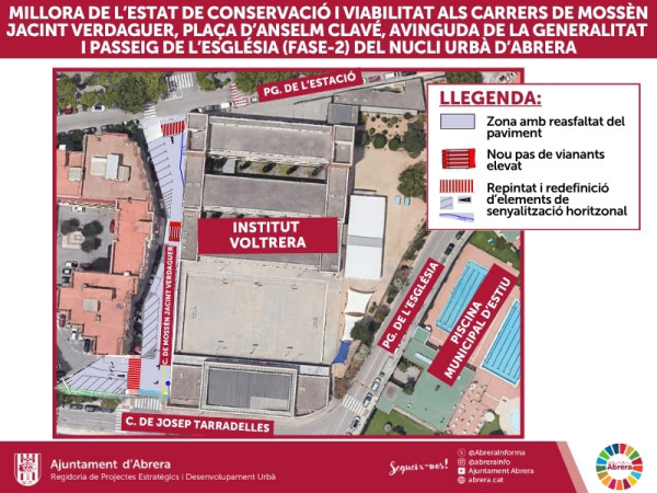 Treballs de reparació de voreres, reasfaltat i nova senyalització viària al nucli urbà d'Abrera - zona de l'Institut Voltrera
