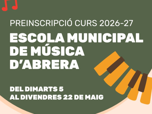 L'Escola Municipal de Música d’Abrera obrirà les preinscripcions pel curs 2026-2026 del dimarts 5 al divendres 22 de maig (ambdós inclosos)