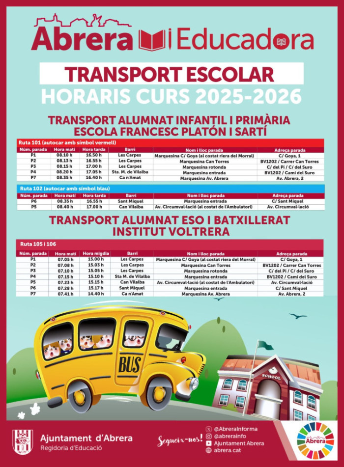 Nous horaris de transport escolar, vigents a partir del dilluns 19 de gener de 2026