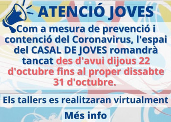 Atenció joves! Els tallers del Casal de Joves passen a fer-se telemàticament fins al dissabte 31 d'octubre de 2020